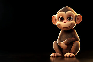 Naklejka premium monkey on a black background, monkey on a blank black background, a monkey, monkey, cute monkey, black background, copy space for add text, 3d rendering, 3d, vector, AI generative