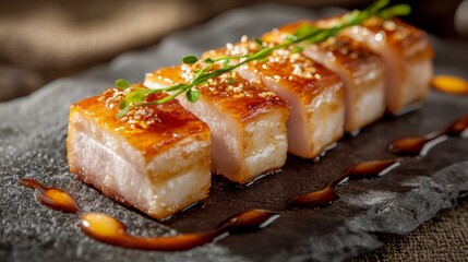 A plate of golden, crispy pork belly, glistening with fish sauce, placed on a stone surface with a slight drizzle of sauce around the edges, accented by soft lighting