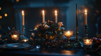 Elegant candlelit dining table with floral centerpiece and festive decorations
