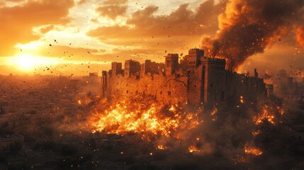 Fototapeta premium Ancient fortress ablaze during dramatic sunset with smoke and debris filling the sky