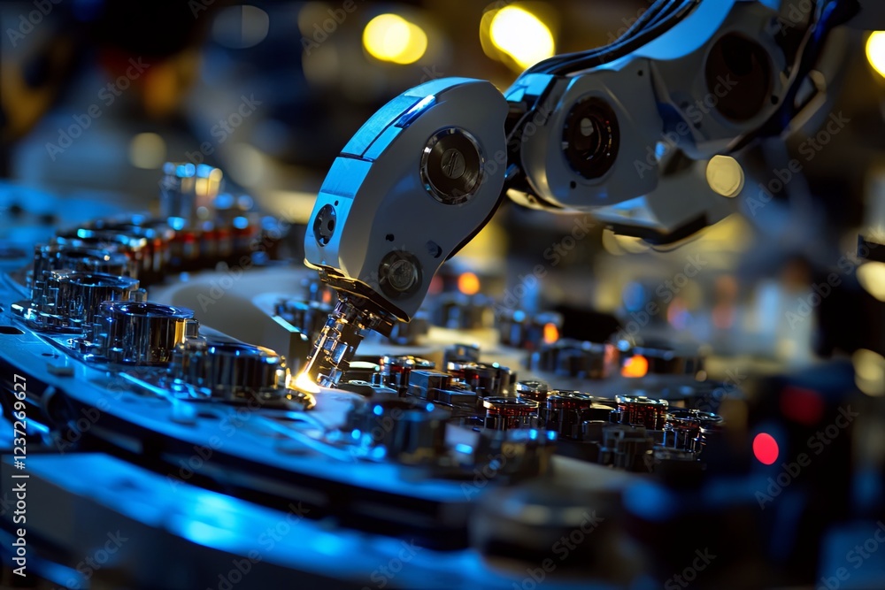 Poster advanced robotic arm working on circuit board assembly in a high-tech manufacturing facility during 