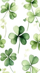 A seamless watercolor shamrock pattern on a white background. Ideal for festive decorations, St. Patrick's Day, and Irish-themed designs.