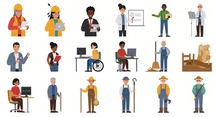 Vector illustrations of diverse people in various professions and activities for inclusivity 