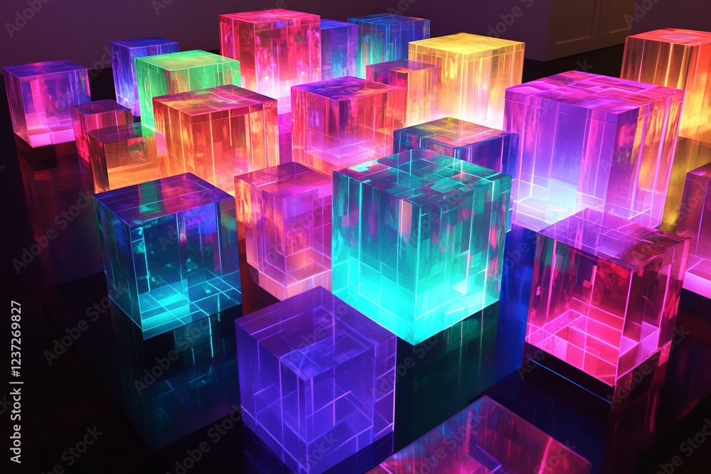 Poster colorful translucent blocks create an enchanting light display in a modern art installation at an in