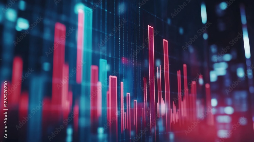 Poster A professional D bar graph with smooth, glossy bars in shades of red and blue, showing the increasing value of a financial market over time