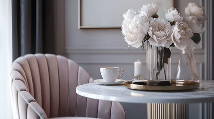 Elegant tea setting with a blush velvet chair and a bouquet of pale peonies.  A moment of refined tranquility.