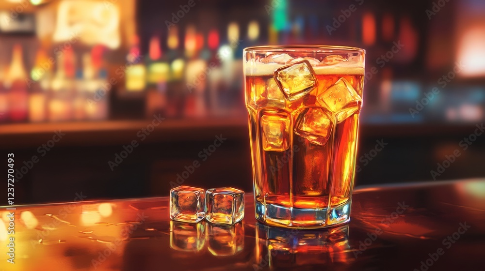 Poster A refreshing glass of beer filled with ice cubes, set on a bar counter with soft reflections, creating a cool and crisp look with a touch of ambient light