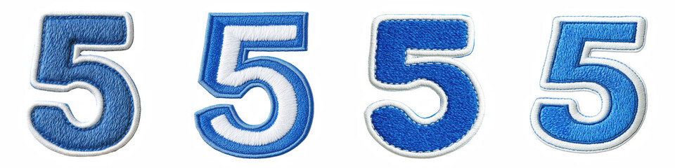 Number 5, made of Patch White on Blue Felt, logotype, Five isolated on a transparent background