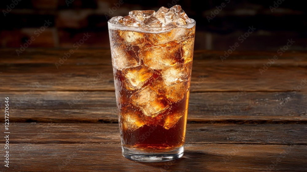 Poster A refreshing shot of a cold soda with ice cubes, the liquid fizzing and sparkling, placed on a rustic wooden table with soft, diffused lighting