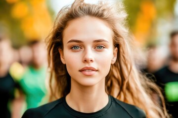 Obraz premium Young caucasian female with flowing hair outdoors among people