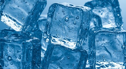 Crystal clear ice cubes background, top view