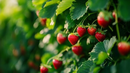 Obraz premium A serene shot of a strawberry farm with rows of neatly arranged plants, the bright red berries visible between the lush green leaves, under soft, diffused light