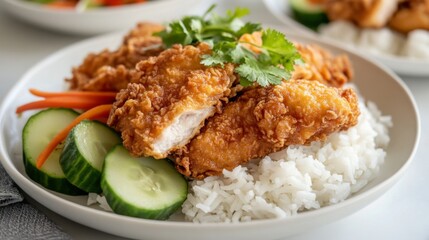 A shot of crispy fried chicken placed on a bed of steamed white rice, accompanied by a few fresh vegetables, with a focus on the textures of the food