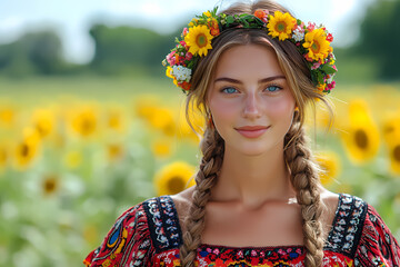 A beautiful model wearing a floral headpiece, showcasing happiness in nature. Portrait photography capturing beauty and elegance.