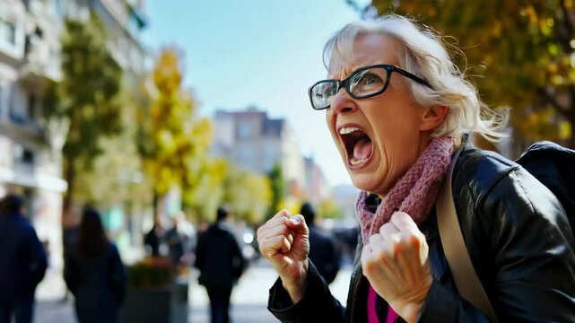 Angry mature senior merican woman full of hate screaming. whining 