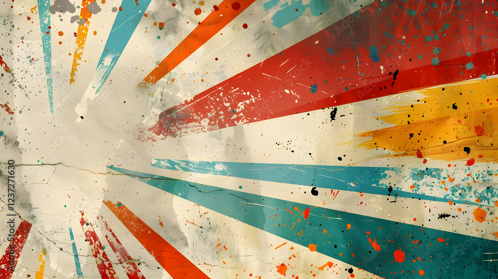 Poster a vibrant, abstract design featuring dynamic rays and splashes of color.