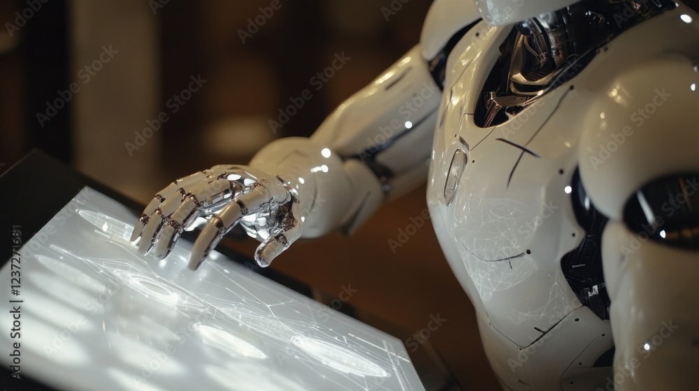 Poster futuristic humanoid robot interacting with touchscreen display in a technological environment
