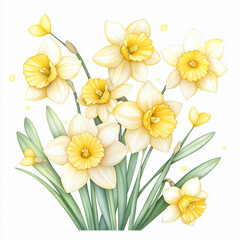 Fototapeta premium Watercolor botanical illustration of daffodils, dense arrangement, high resolution on white background
