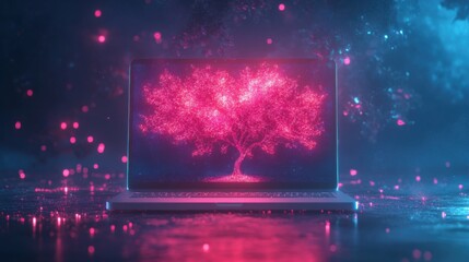 Obraz premium Glowing pink tree on laptop screen in a mystical ambient setting