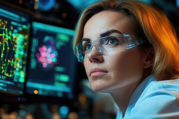 Female scientist analyzing data on computer screens in research lab