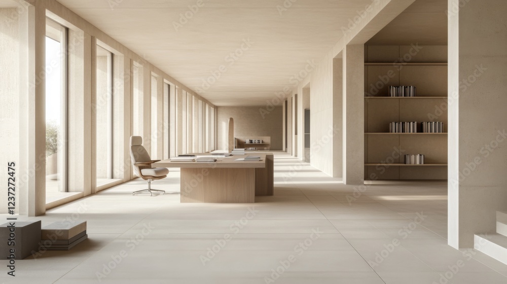 Poster a spacious minimalist office with a large desk, a simple chair, and a few books neatly arranged, all