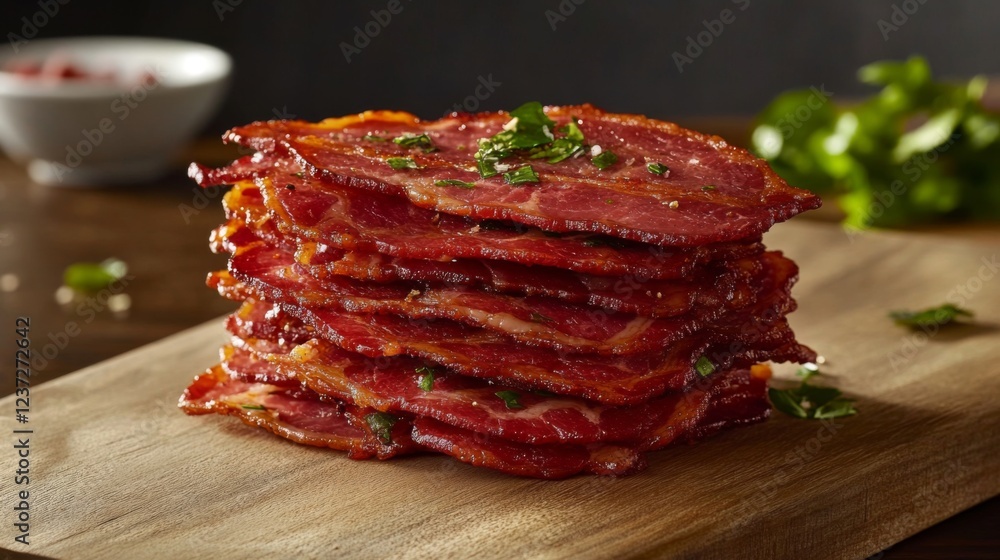 Poster a stack of hot, crispy bacon strips with a rich texture, placed on a rustic wooden cutting board wit