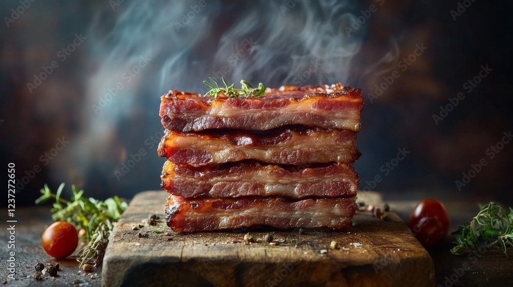 Poster a stack of hot, crispy bacon strips with a rich texture, placed on a rustic wooden cutting board wit