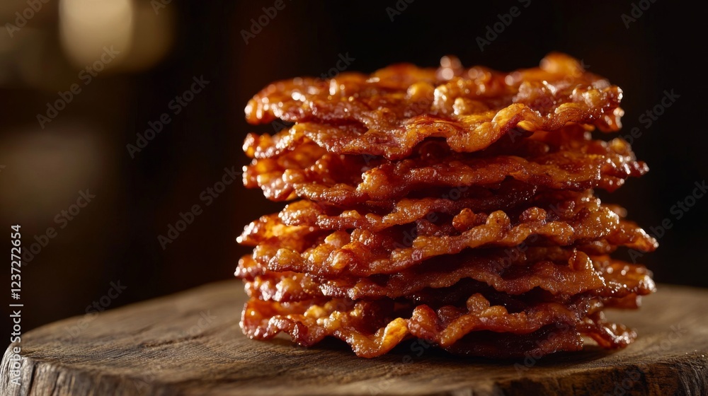 Poster a stack of hot, crispy bacon strips with a rich texture, placed on a rustic wooden cutting board wit
