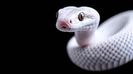Fototapeta premium Albino snake portrait, black background, reptile close-up, wildlife photography, nature image