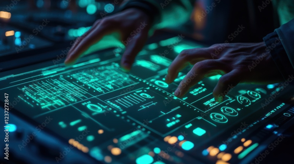 Poster close up of hands interacting with futuristic digital audio workstation, mixing and mastering a musi