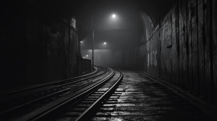 A subway tunnel at night with faint lighting at the end, highlighting the long, empty tracks stretching into the distance, surrounded by rough concrete walls