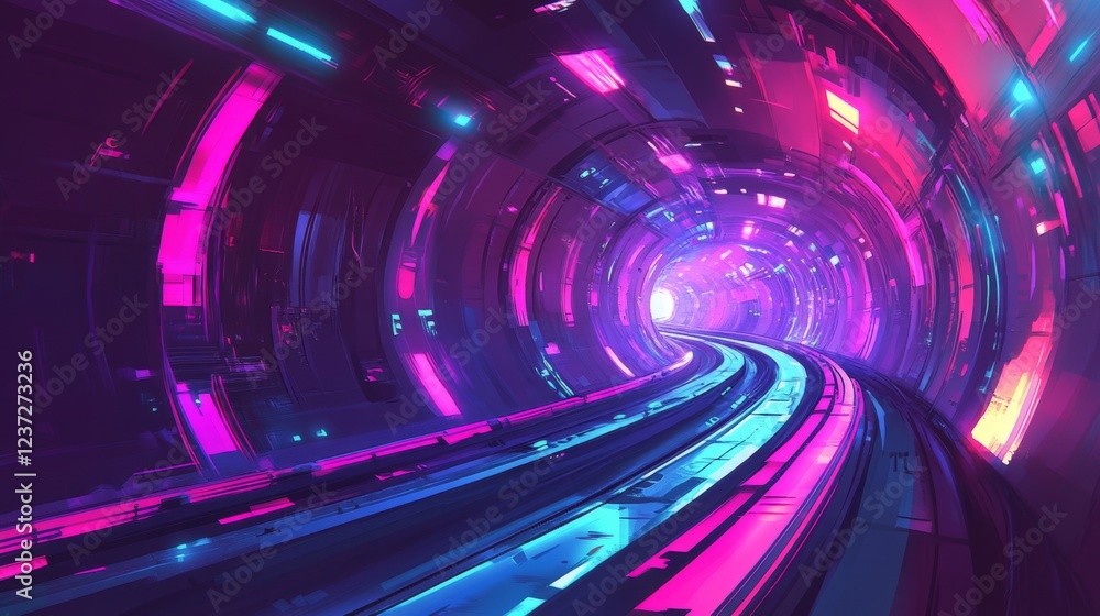 Fototapete A subway tunnel with a curved path and glowing lights along the edges of the track, casting long shadows on the tunnels walls, creating a futuristic and empty atmosphere