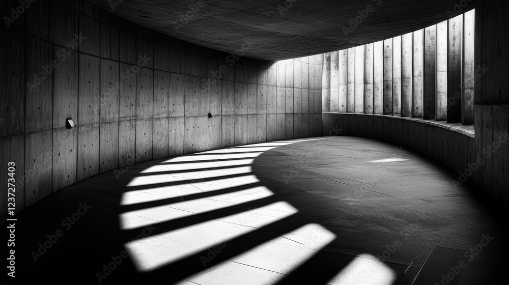 Poster A subway tunnel with illuminated track rails running through a dark, curved passage, with soft lighting casting shadows on the concrete walls for a dramatic effect
