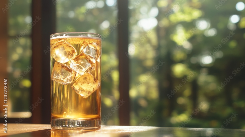 Poster a tall glass of beer with large ice cubes inside, set on a smooth countertop with natural light refl
