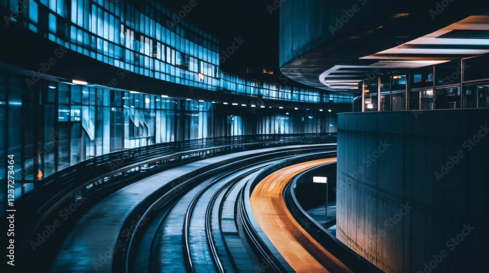 Poster A subway tunnel with illuminated track rails running through a dark, curved passage, with soft lighting casting shadows on the concrete walls for a dramatic effect