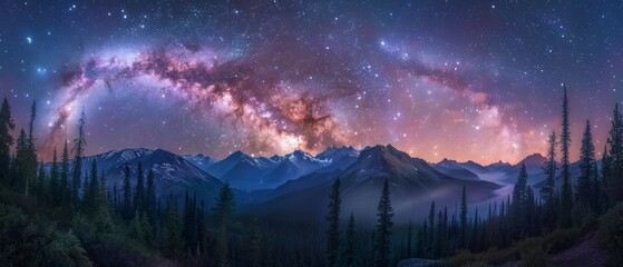 Fototapeta premium Celestial Symphony: Mesmerizing Star Trails Paint the Night Sky Over Majestic Forested Mountain Range