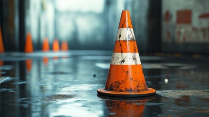 A bright orange traffic cone in sharp focus, with a blurred red sports car racing past in a wet tunnel. Perfect for themes related to speed, caution, road safety, and urban environments.