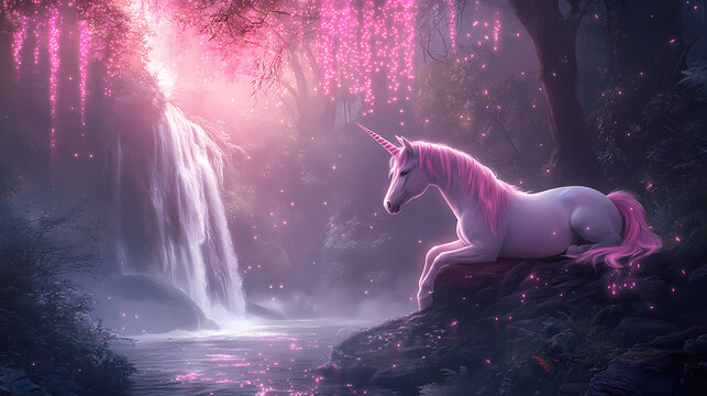 A serene scene of a unicorn resting under a breathtaking canopy of pink ethereal lights, set against the backdrop of a dense, lush forest and a waterfall. Euphoric Fantasy. Illustration