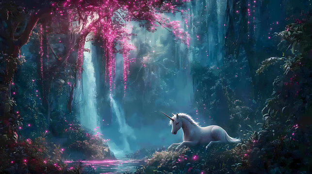 A serene scene of a unicorn resting under a breathtaking canopy of pink ethereal lights, set against the backdrop of a dense, lush forest and a waterfall. Euphoric Fantasy. Illustration