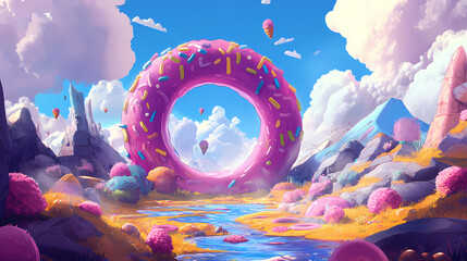 A whimsical journey through a giant donut archway in a vibrant fantasy landscape. Euphoric Fantasy. Illustration