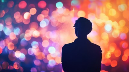 Silhouette of businessman looking at innovative production with colorful bokeh lights in the background, creating a sense of wonder and possibility