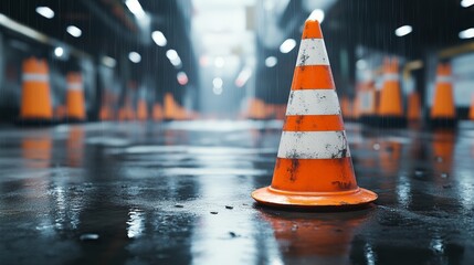 A bright orange traffic cone in sharp focus, with a blurred red sports car racing past in a wet tunnel. Perfect for themes related to speed, caution, road safety, and urban environments.