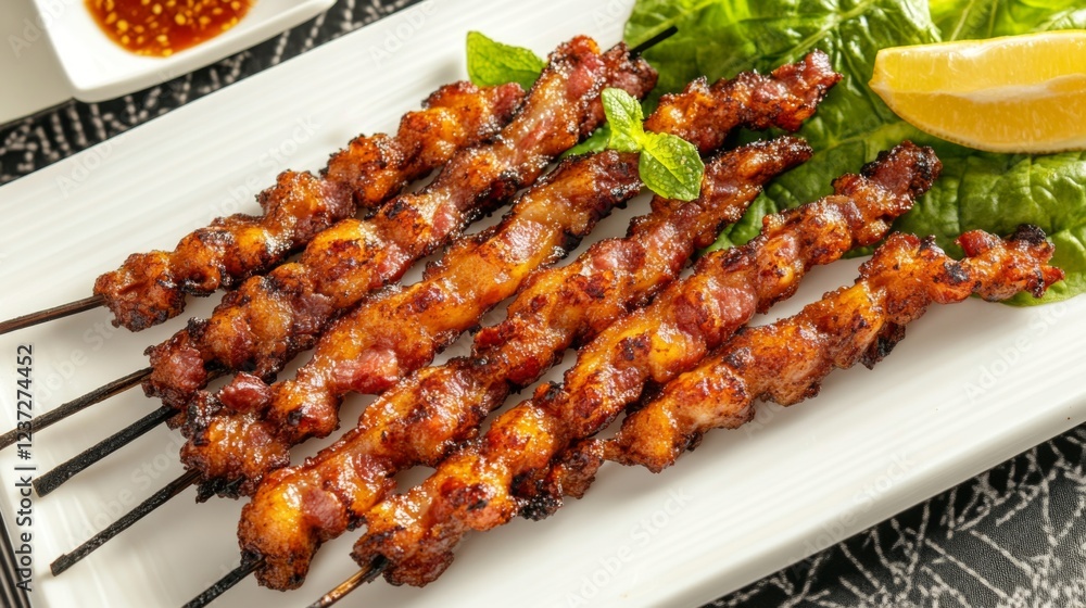 Poster a top-down view of multiple crispy bacon strips arranged in a fan shape on a white plate, with soft 