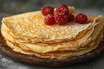 Stack of golden pancakes topped with fresh raspberries and a dusting of icing sugar, perfect for celebrating shrove tuesday or maslenitsa