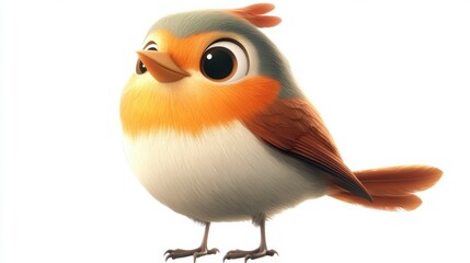 Fototapeta premium Cute cartoon bird with orange and grey feathers on white background