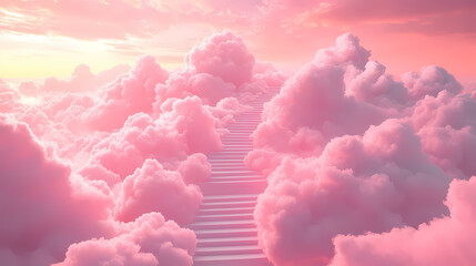 Dreamy scene with a set of stairs leading through fluffy pink clouds against a soft sky. this whimsical background creates a fantasy atmosphere and invites imagination. Euphoric Fantasy. Illustration