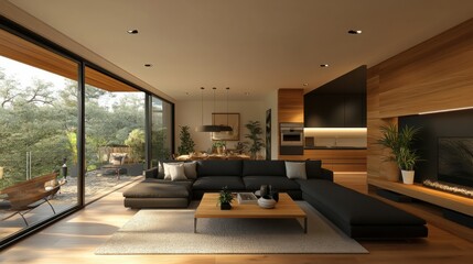 Modern living room with large windows overlooking a forest view and cozy minimalist interior design