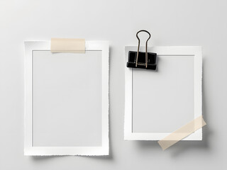 Two blank Polaroid frames, one held by tape, the other by a clip, set against a neutral background.