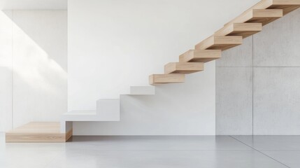 A view from the bottom of a sleek, modern staircase with a minimalist design, white walls, and light wood steps leading up