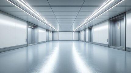 Fototapeta premium A well-lit subway tunnel with tracks running through it, showcasing the clean, modern design of the space, with subtle reflections from the polished walls and floor